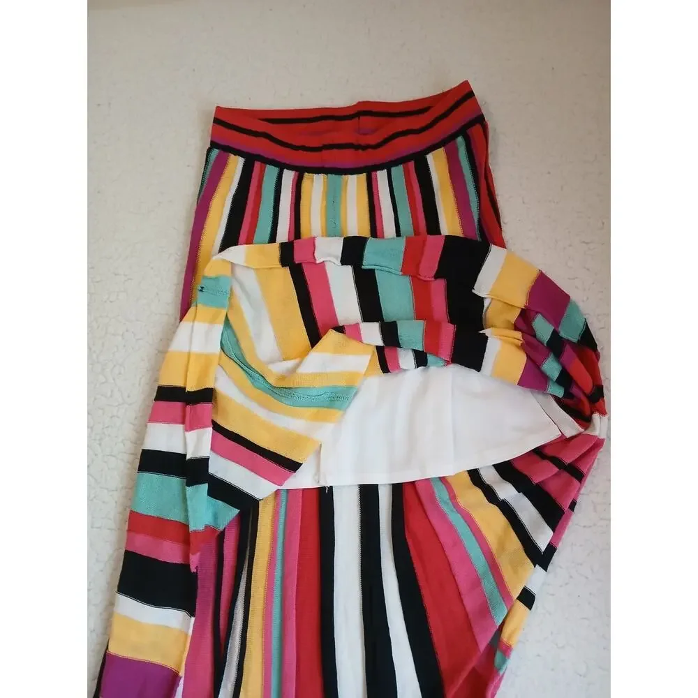 New‎ York & Co 7th Ave Skirt Sz XS Rainbow Stripe Knit Pleated Midi Artsy Boho